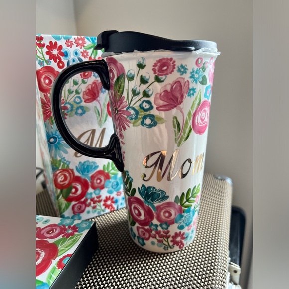 BNIB Evergreen Mom Floral Metallic Ceramic Travel Cup with Lid Mothers Day Gift - Picture 6 of 7